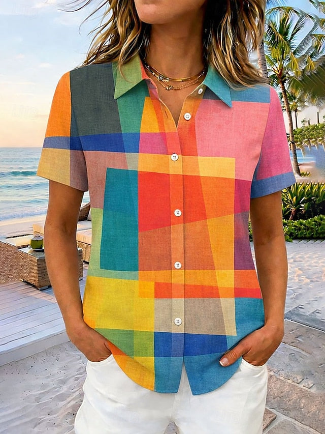 Women's Shirt Graphic Plaid Vintage Tropical Stylish Short