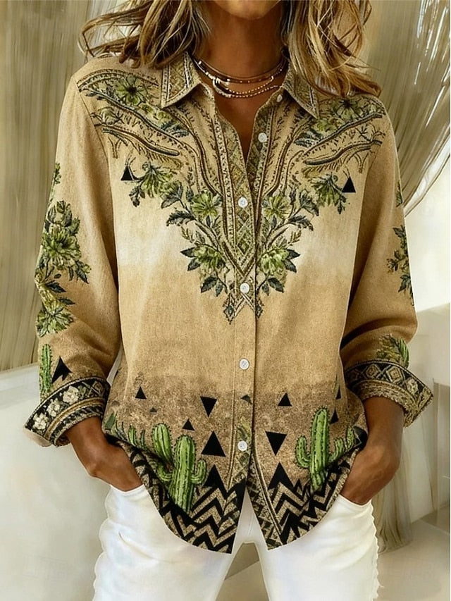 Women's Shirt Blouse Patchwork Buttons Print Floral Graphic
