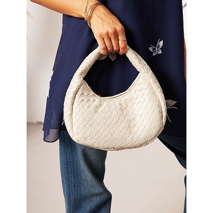 – Leather Round Woven Chic Women's Elegant Ivory Hobo Bag