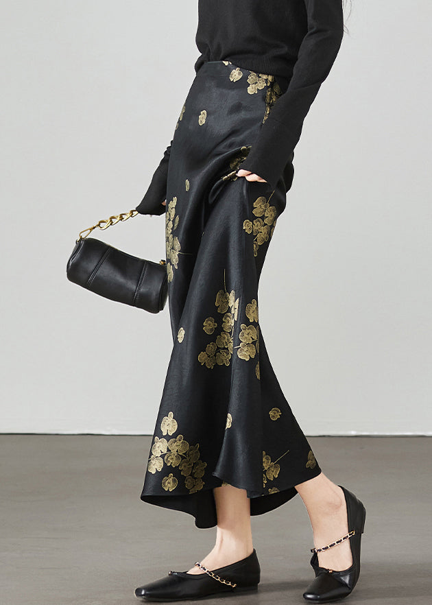 Print New Waist High Summer Skirt Silk Black