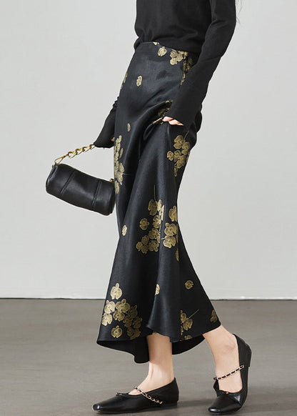 Print New Waist High Summer Skirt Silk Black