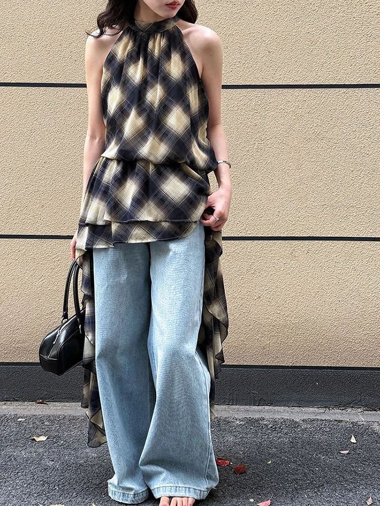 Asymmetric Khaki Plaid Neck Sleeveless Top High-Low Uniaue Halter