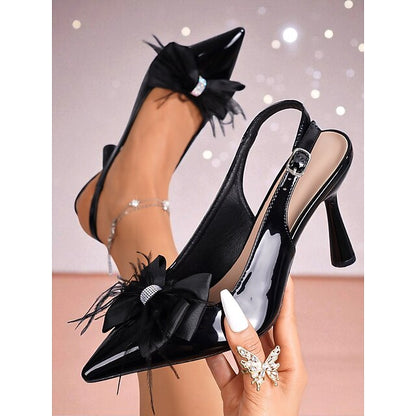 Leather Heels Black Patent with Women's Feather Slingback