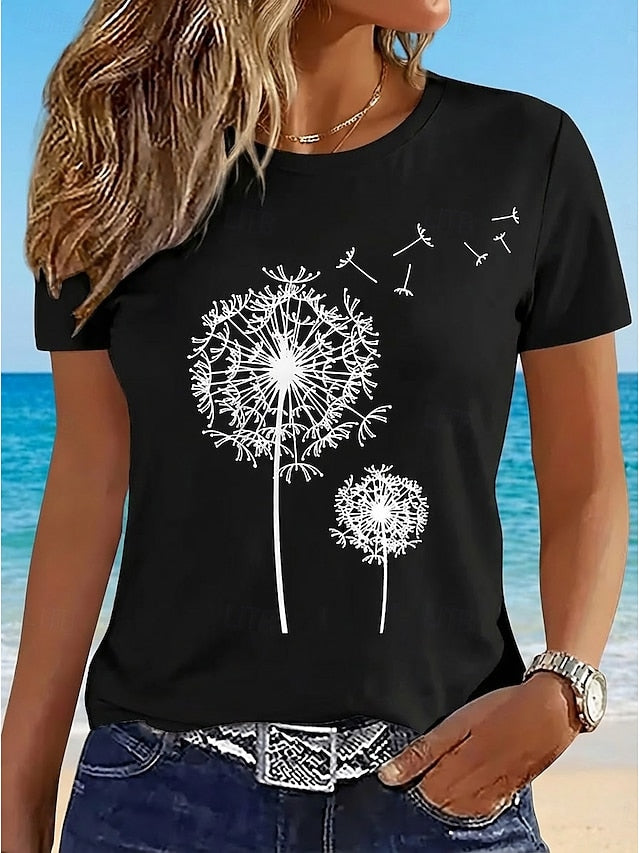 Women's Casual T-Shirt Dandelion Print Crew Neck White