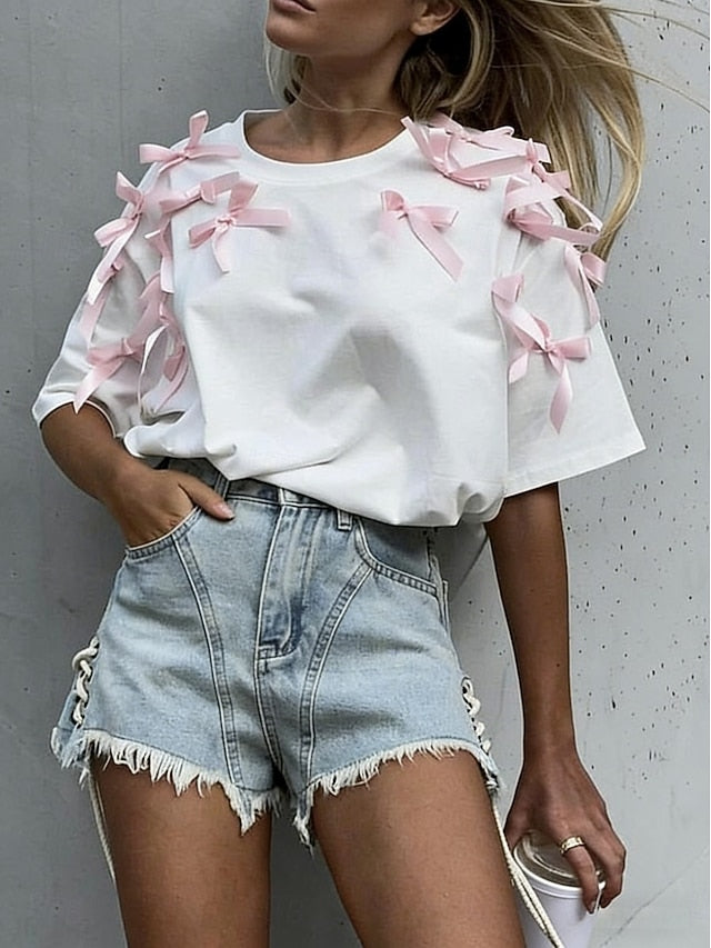 Women's Tee 100% Cotton 3D Appliques Bow Solid Color Cute