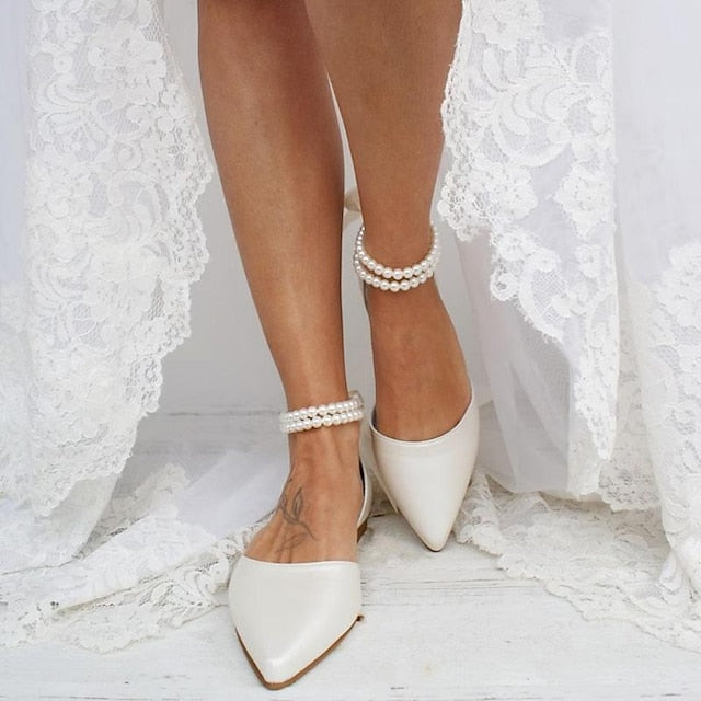 White Bridal Strap Elegant Flats Women's Pearl Ankle –