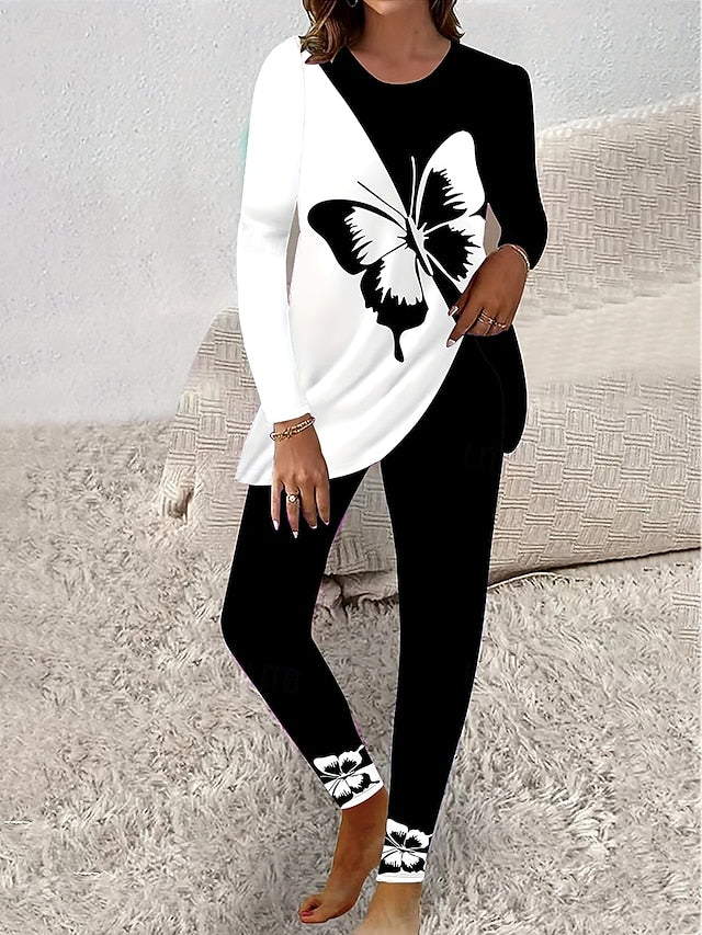Women's T Shirt Pants Sets Long Sleeve Crew Neck Round Neck