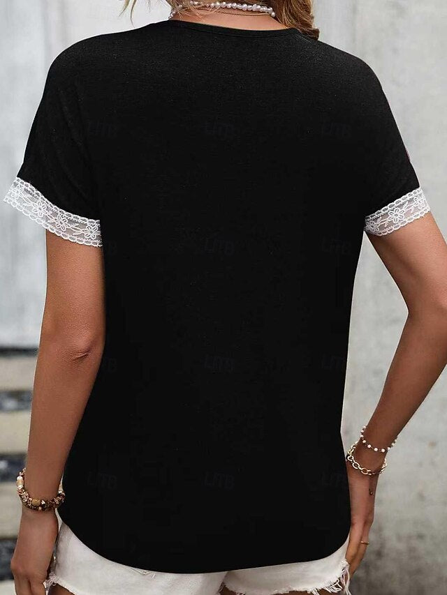 Women's T Shirt Lace Splicing Top Pleats Lace Trim Splicing