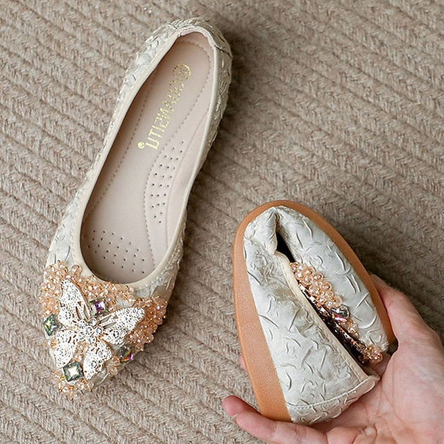 Floral Embellished Women's Flats - Foldable Wedding Crystal