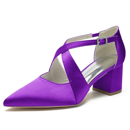 Satin Elegant Toe – White Women's Heels Block Pointed