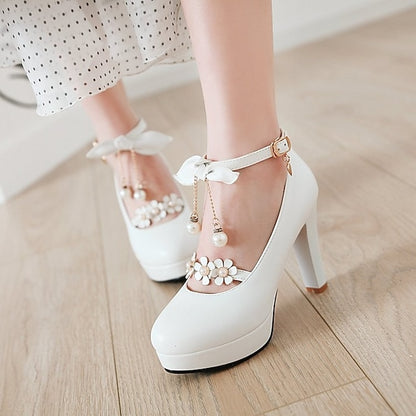 Elegant Mary Jane White Wedding Platform Heels Girls'
