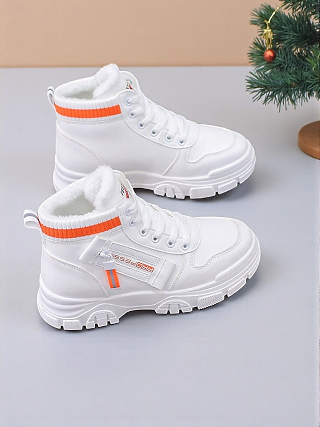 Women's White Warm High-Top Sneakers with Faux Fur Lining -