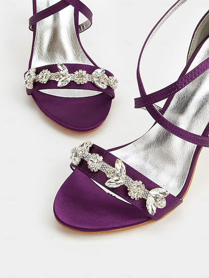 with Women's Stiletto Rhinestone Straps Heels Purple Satin