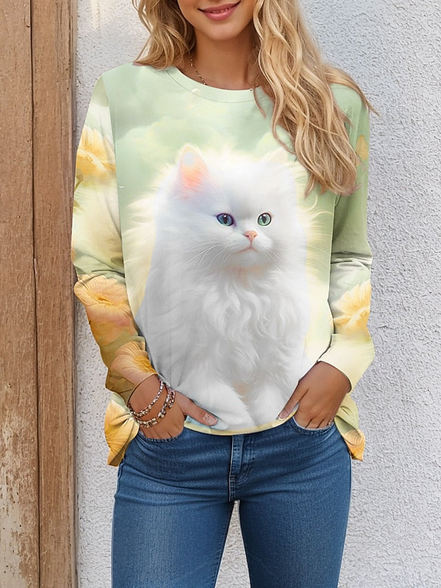 Women's T shirt Crew Neck Long Sleeve Tunic Cat 3D Funny