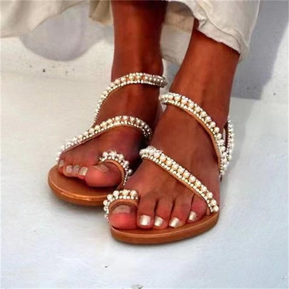 Elegant Pearl-Embellished – Sandals Strappy Women's Flat