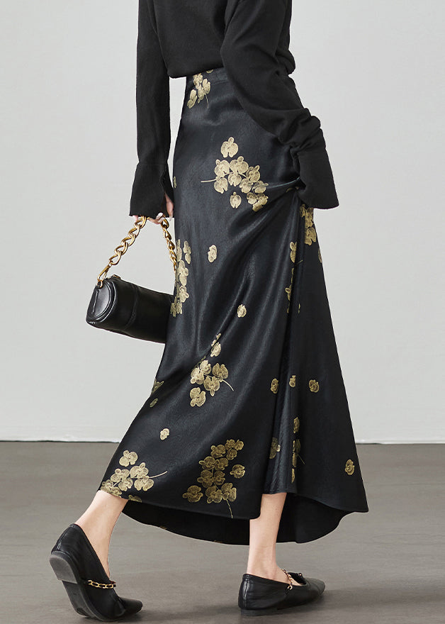 Print New Waist High Summer Skirt Silk Black
