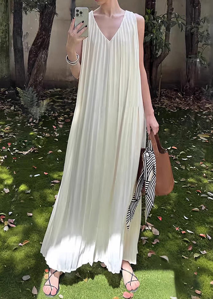 Wrinkled Long Dress Simple Neck V White Sleeveless Chiffon