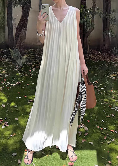 Wrinkled Long Dress Simple Neck V White Sleeveless Chiffon