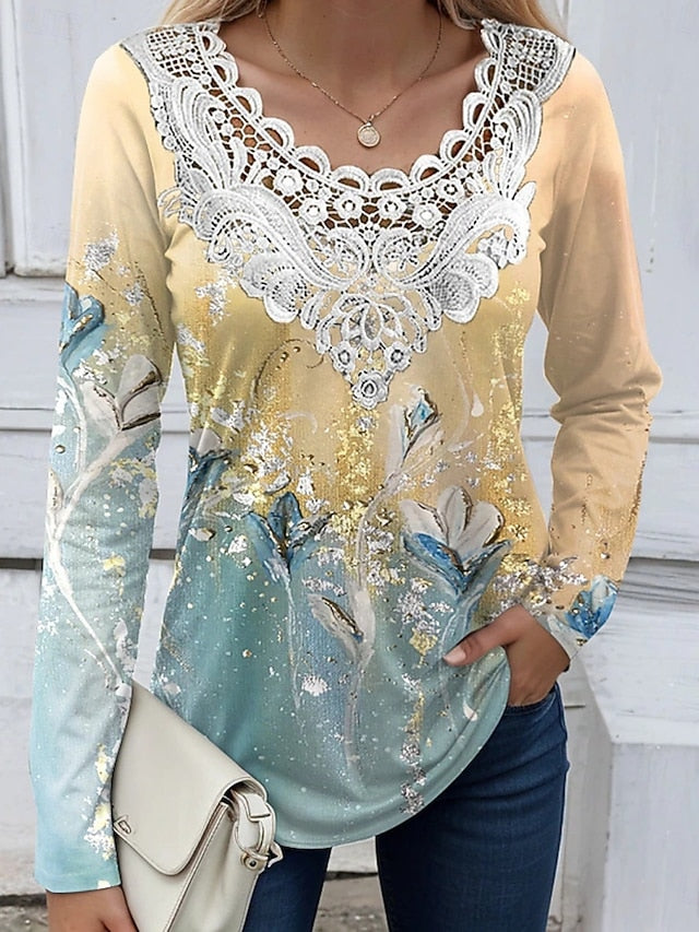 Women's Blouse Lace Patchwork Print Floral Marble Stylish