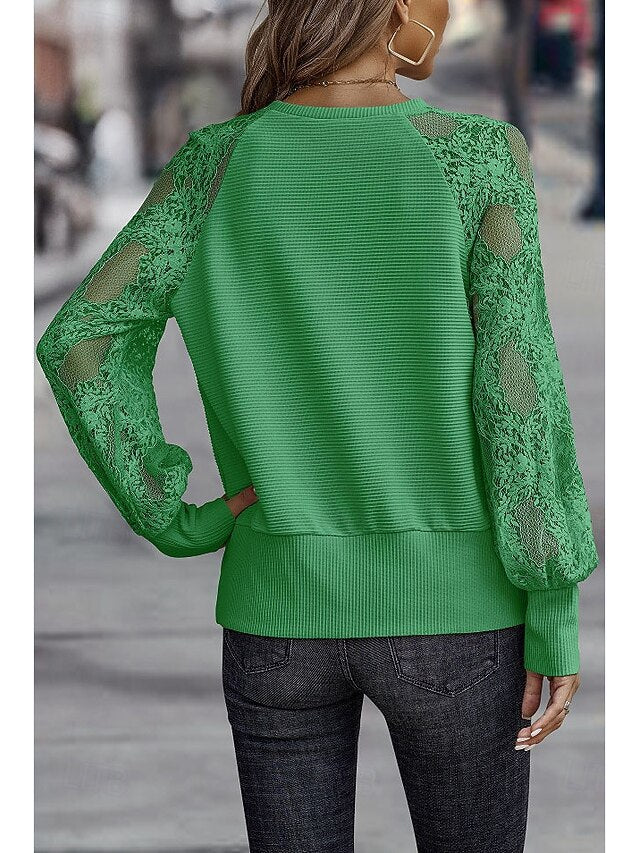 Women's Top Lace Knit Ribbed Embroidered Tops Splicing