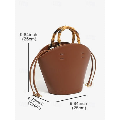Brown Bamboo Leather Bucket Bag Handle with Women's