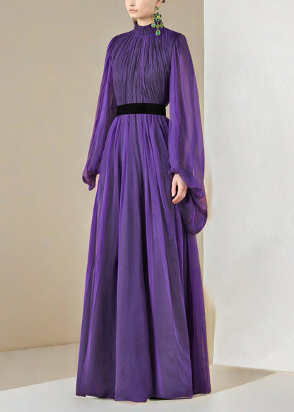 Stand Silk Wrinkled Italian Purple Long Dresses Lantern Collar