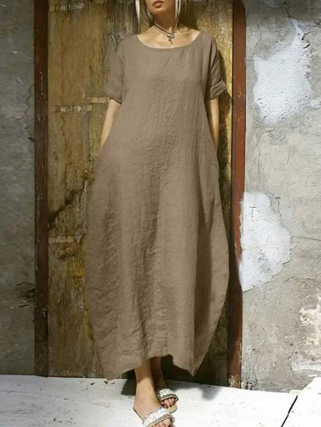 Women's Maxi Dress Faux Cotton Linen Casual Dress Basic