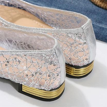 Women's Silver Flats Ballet – Elegant Mesh Sequin