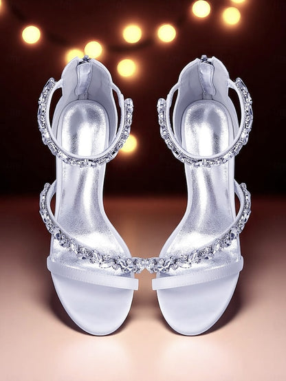 Satin Heel Block Sandals - Purple Women's Crystal