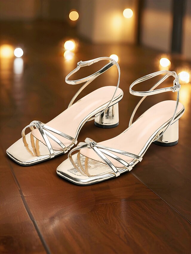 Heels Women's Metallic Gold Shiny Block Ankle – Strap