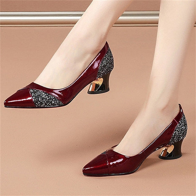 Glitter-Accented Heels Block Patent Leather Faux Women's