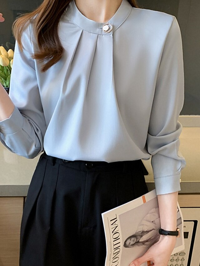 Women's Shirt Elegant Dressy Satin Top Ruched Buttons Plain