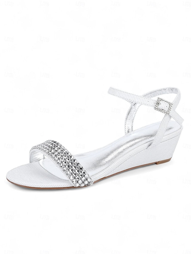 Rhinestone Sandals Toe Open Champagne Wedge Women's -
