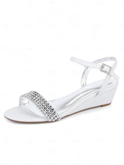 Rhinestone Sandals Toe Open Champagne Wedge Women's -