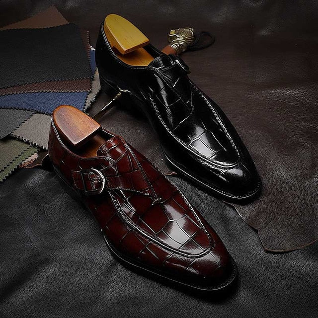 Faux Burgundy Men's Crocodile Leather Monk Pattern Strap