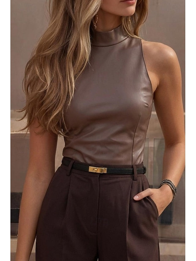 Women's Slim fit top Faux Leather Tank Tunic Back Zipper