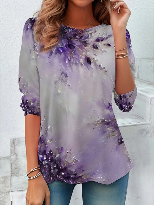 Women's T shirt Crew Neck Long Sleeve Tunic Graphic