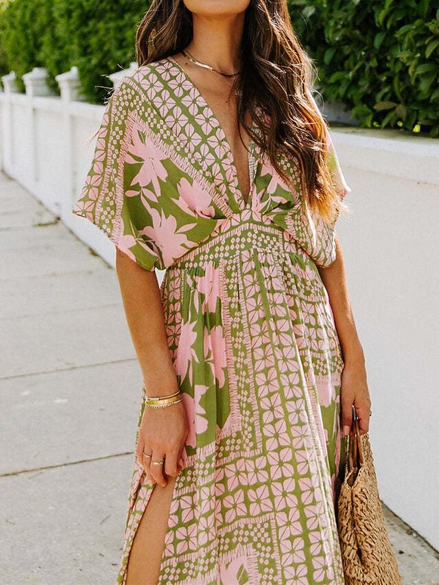 Women's Casual Dress Floral Split Print V Neck Long Dress