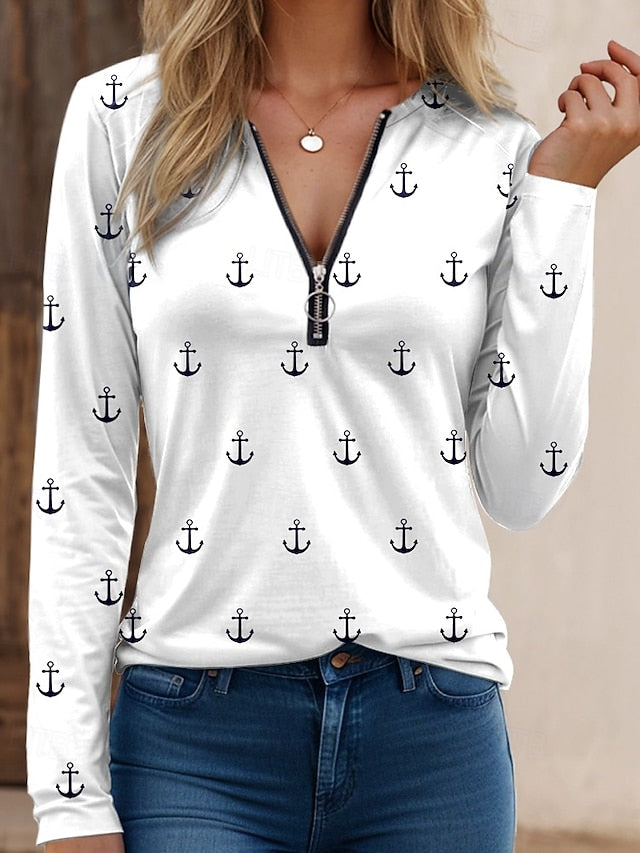 Women's T Shirt Quarter Zip Long Sleeve Casual Floral V