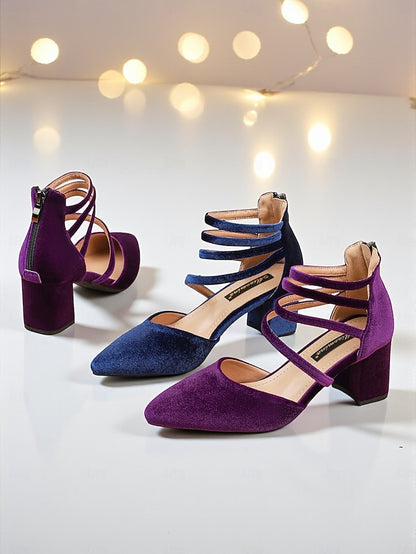 Block Heel with Blue Women's Velvet Pumps Toe Pointed