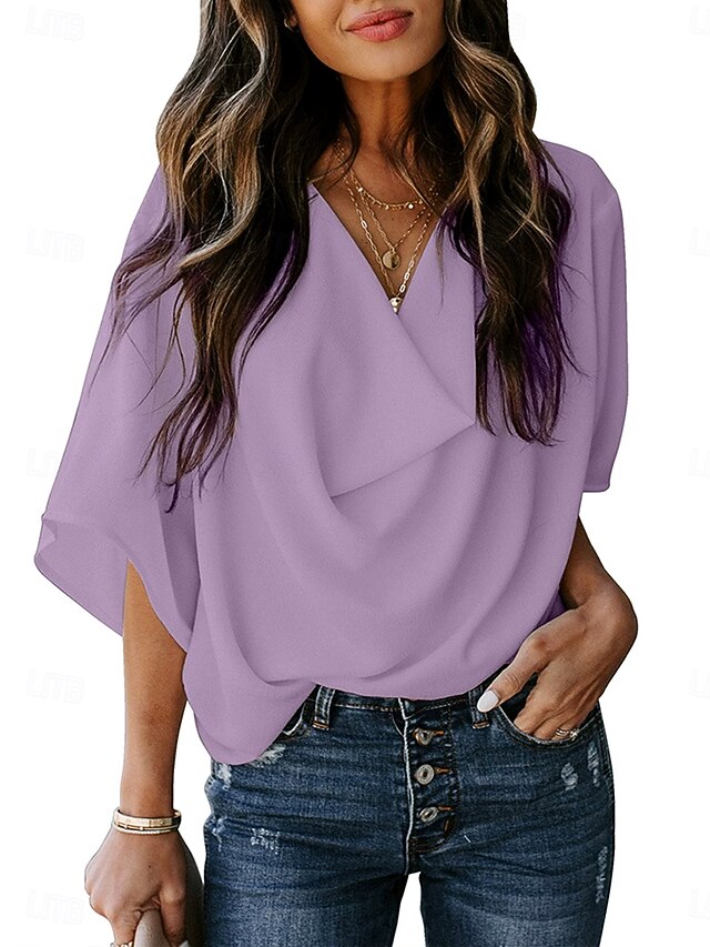 Women's Summer Tops Ruched Draped Solid Color Plain Daily