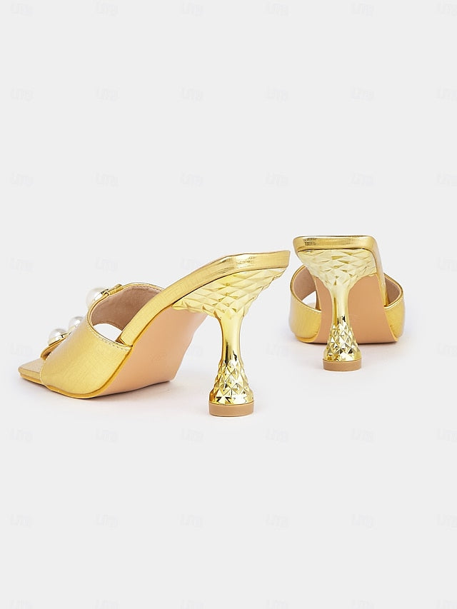for Women Detailing with – Pearl Gold Open-Toe Elegant Mules