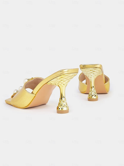 for Women Detailing with – Pearl Gold Open-Toe Elegant Mules