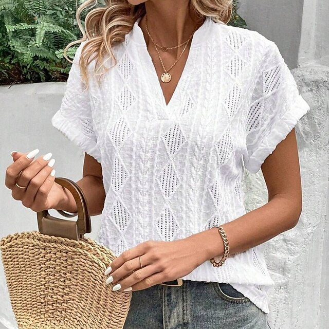 Women's Eyelet Top Pointelle Tee Elegant Short Sleeve V