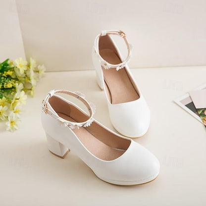 with Ankle Shoes Block White Daisy Flower Heel Girls'
