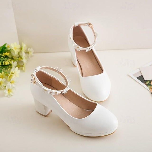 Daisy Girls' Flower Heel White Ankle with Shoes Block