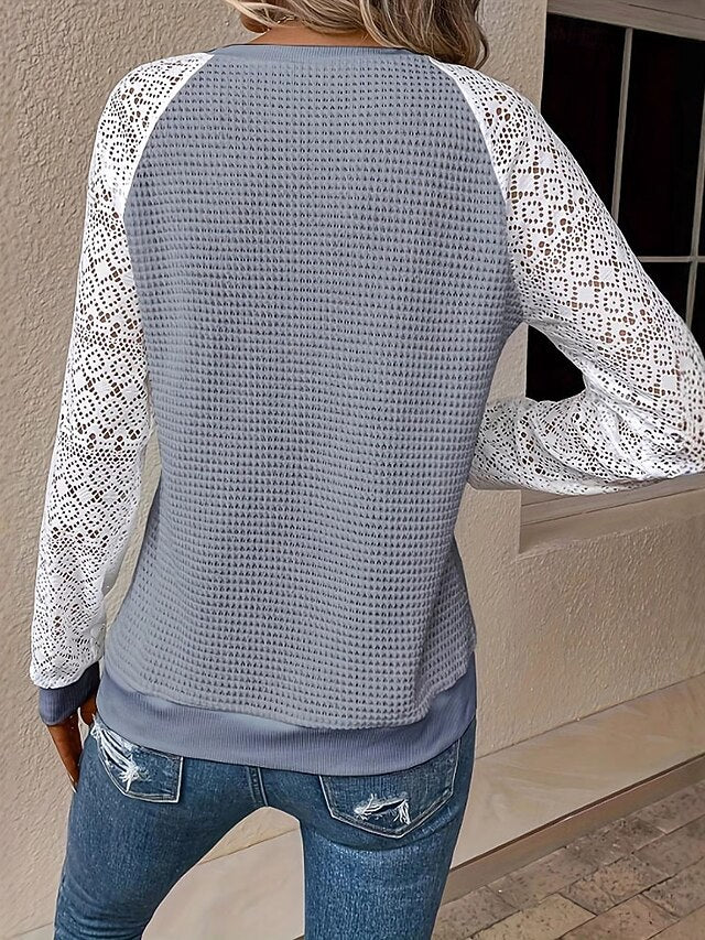 Women's Blouse Patchwork Eyelet Solid Color Fashion Casual