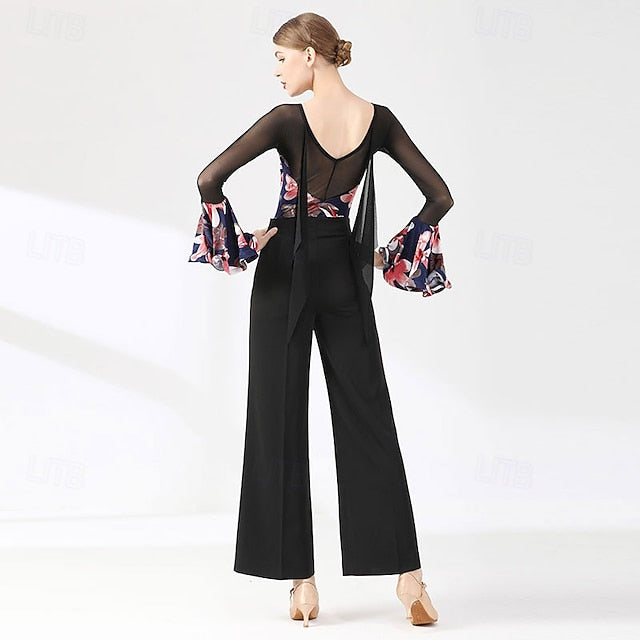 Floral Bell Dance Mesh Women's Ballroom Splice Sheer Top