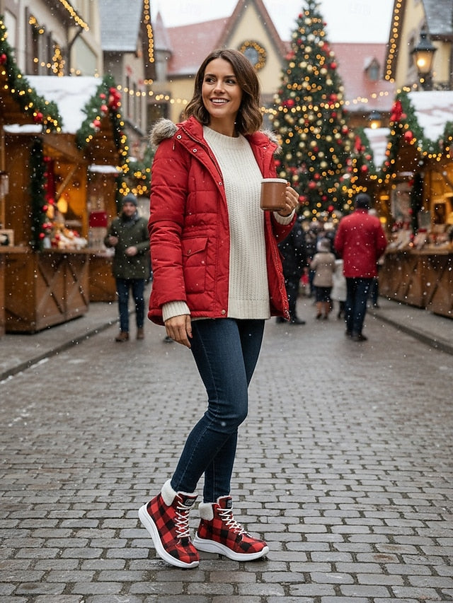 Women's Red Plaid Christmas Lace-up Booties with Faux Fur