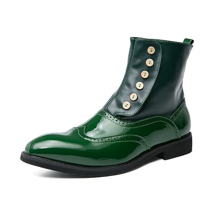 Wingtip Green Button Stylish Boots - Leather Vintage Men's